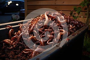 worms crawling on the edge of a composting container