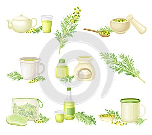 Wormwood or Southernwood Plant Yellow Extraction and Herbal Tea in Mug Vector Composition Set photo