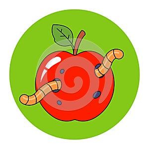 wormy red apple with a green leaf.