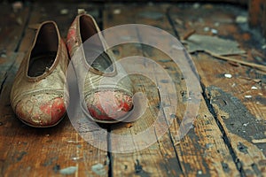 Worn Ballet Slippers on a Vintage Wooden Floor The soft leather blurs against the grain