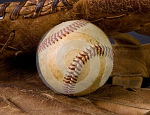 Worn baseball and old glove