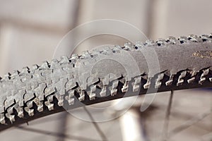 Worn bicycle tire close-up. Bicycle repair, concept