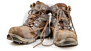 Worn brown hiking boots with rugged laces and scuffed toes on a white background