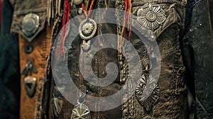 A worn and faded leather vest adorned with Navajo silver conchos representing the fusion of cowboy and American Indian photo