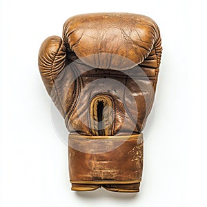 Worn leather boxing glove on white background