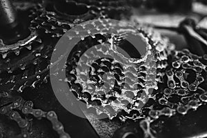 Worn mountain bike components - chain rings, cassette and chain.
