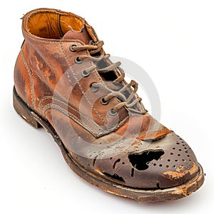 Worn, old leather boot with a hole, isolated on a white background.