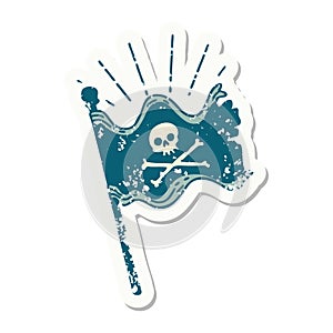 grunge sticker of tattoo style waving pirate flag