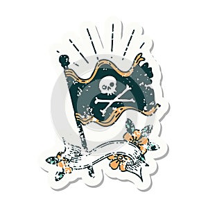 grunge sticker of tattoo style waving pirate flag