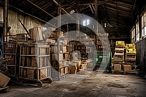 The worn-out ambiance of an aged warehouse, where crates extend outward and the roof exhibits visible damage