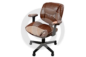 Worn out brown leather office chair, isolate background