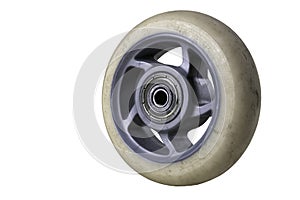 Worn out rubber wheel from roller skates. Spare parts for speed skates