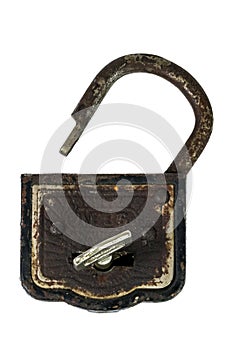 Vintage open padlock over white