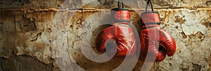 Worn red boxing gloves hanging on wall