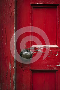 A worn red door with a traditional doorknob.