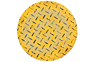 Worn safety bumps on yellow painted metal floor. Round plate, isolated against white background