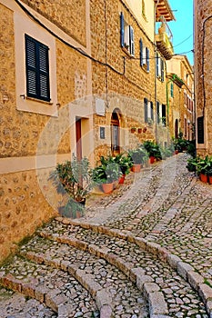 Worn stone steps leading up to a narrow cobbled street decorated with potted green plants