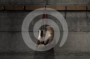 Worn Vintage Boxing Gloves Hanging In Change Room