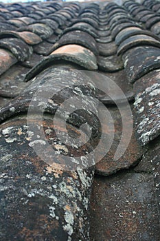 Worn and weathered Terra Cotta roof tiles in Ecuadorian Andes