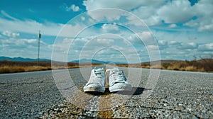 Worn white sneakers on empty road with mountains and blue sky on the background, banner, copy space