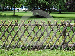 Worn Wooden Fence with Alga at Grass Field