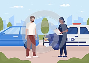 Worried bearded man pulled over by police officer flat color vector illustration