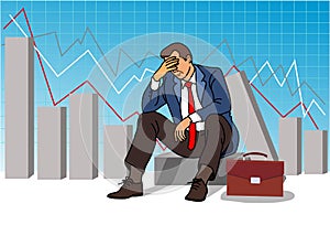 Worried Business Man Sitting on a Bar Graph with falling down arrow