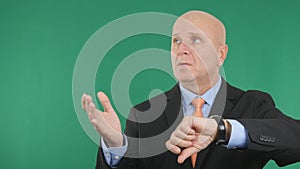 Worried Businessman Check Wristwatch and Gesticulate Nervous