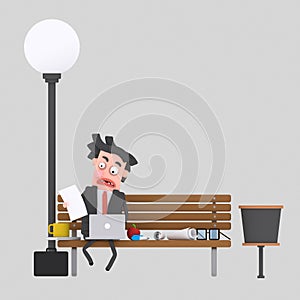 Worried businessman having lunch on a park bench.3D