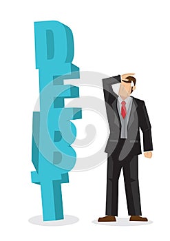 Worried businessman looking at a huge weight of debt. Business concept of debtor, financial problem or bad economy photo