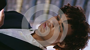 Worried businessman reading telephone vertical closeup. Man feeling stressed