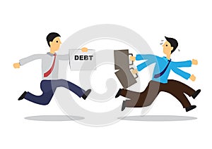 Worried businessman running away from his debt collector. Business concept of debtor, financial problem or bad economy