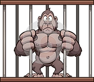 Worried cartoon gorilla trapped in a cage