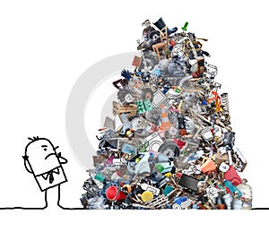 Worried cartoon man watching a big pile of garbage