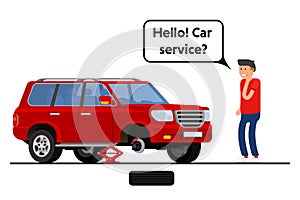 Worried driver calling roadside assistance to help with his breakdown car vector illustration.
