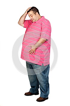 Worried fat man with pink shirt