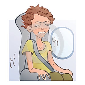 Worried frightened man in the airplane seat at the window. Fear of flying, aerophobia. Vector illustration, isolated on