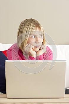 Worried Looking Girl Using Laptop