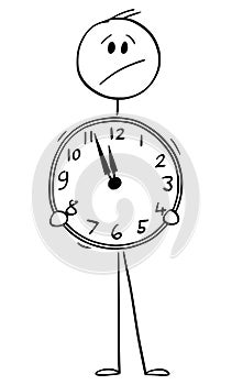 Worried Man or Businessman Holding Wall Clock, Vector Cartoon Stick Figure Illustration