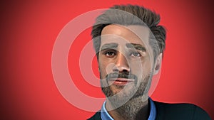 Worried man in his forties with a beard emotional portrait on red background 3D illustration