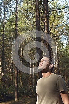 Worried Man Looking Up In Woods