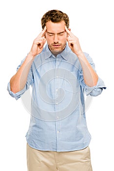 Worried man suffering headache pain depression