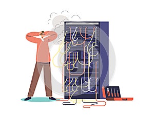 Worried man sysadmin look at burning computer server. System administrator engineer fixing network
