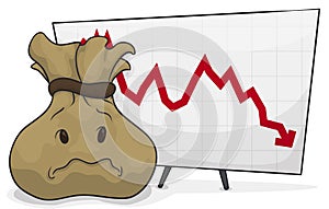 Worried Money Bag Seeing the Decreasing Chart due Economic Recession, Vector Illustration