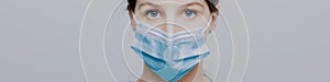 Worried nurse, doctor or scientist portrait behind facemask