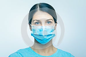 Worried nurse, doctor or scientist portrait behind facemask
