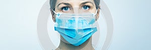 Worried nurse, doctor or scientist portrait behind facemask