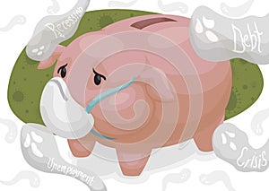 Worried Piggy Bank Haunted by Financial Crisis Ghosts, Vector Illustration