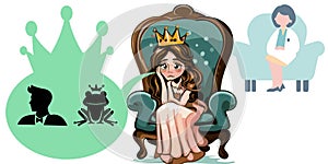 Worried princess crown speech bubble frog prince or handsome man counseling doctor