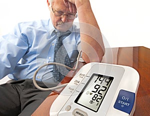 Worried senior man with high blood pressure.